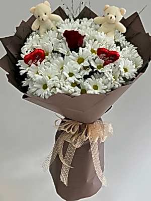 Papatya Gül Ayıcık & Çikolata Buketi