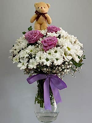 Vazoda Papatya & Lila Gül & Ayıcık