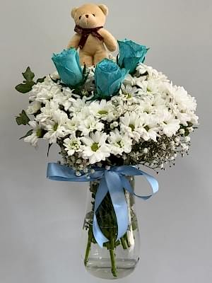 Vazoda Papatya & Mavi Gül & Ayıcık